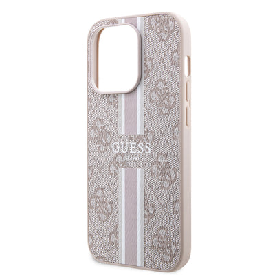 Apple iPhone 14 Pro Max Kılıf Guess Orjinal Lisanslı Magsafe Şarj Özellikli 4G Şerit Tasarımlı Printed Kapak Pembe