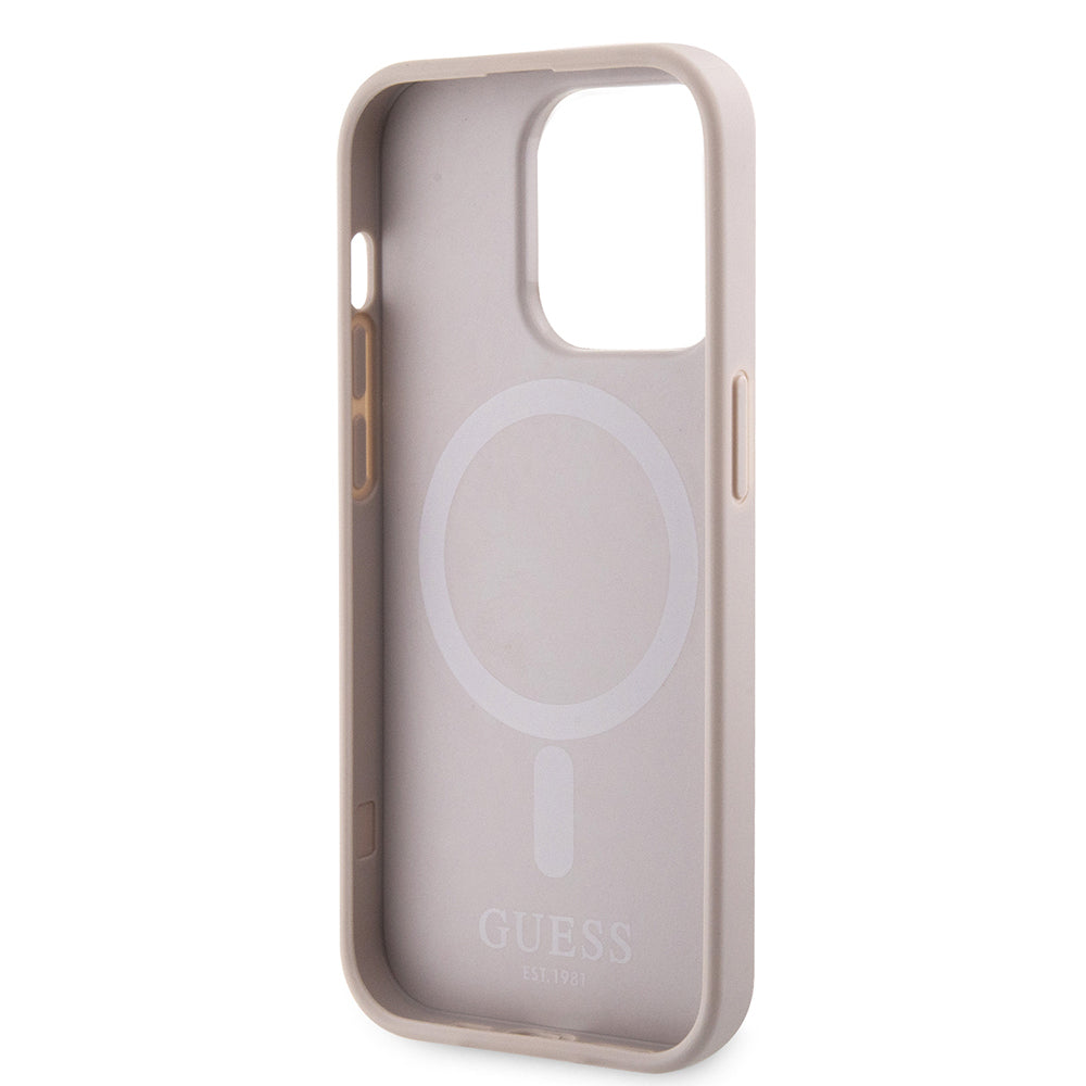 Apple iPhone 14 Pro Max Kılıf Guess Orjinal Lisanslı Magsafe Şarj Özellikli 4G Şerit Tasarımlı Printed Kapak Kahverengi