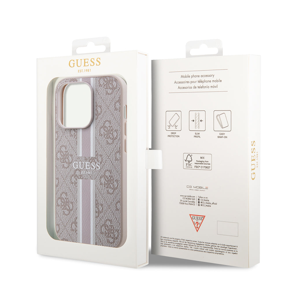 Apple iPhone 14 Pro Max Kılıf Guess Orjinal Lisanslı Magsafe Şarj Özellikli 4G Şerit Tasarımlı Printed Kapak Kahverengi