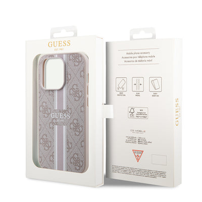 Apple iPhone 14 Pro Max Kılıf Guess Orjinal Lisanslı Magsafe Şarj Özellikli 4G Şerit Tasarımlı Printed Kapak Pembe
