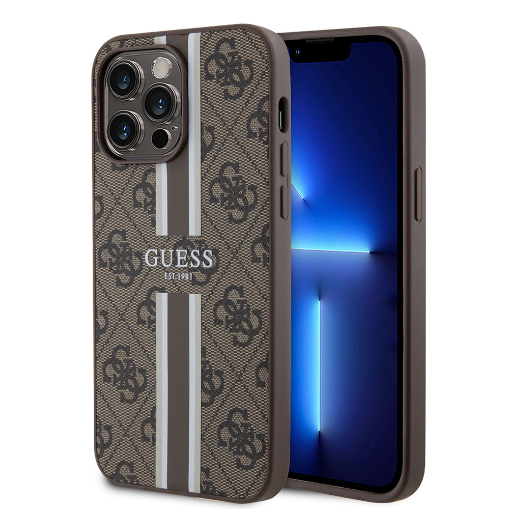 Apple iPhone 14 Pro Max Kılıf Guess Orjinal Lisanslı Magsafe Şarj Özellikli 4G Şerit Tasarımlı Printed Kapak Pembe