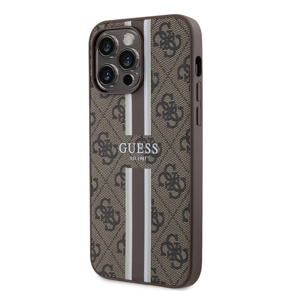 Apple iPhone 14 Pro Max Kılıf Guess Orjinal Lisanslı Magsafe Şarj Özellikli 4G Şerit Tasarımlı Printed Kapak Pembe