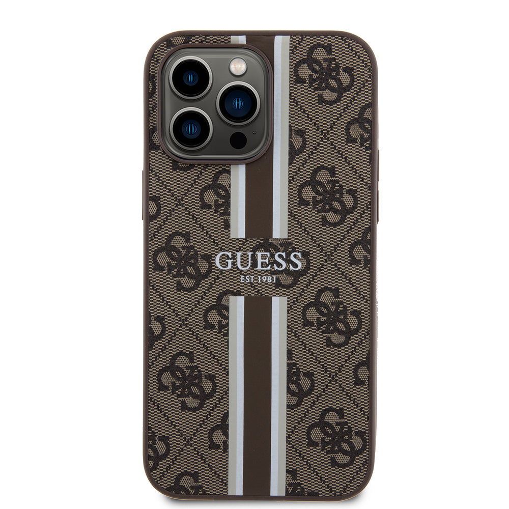 Apple iPhone 14 Pro Max Kılıf Guess Orjinal Lisanslı Magsafe Şarj Özellikli 4G Şerit Tasarımlı Printed Kapak Kahverengi