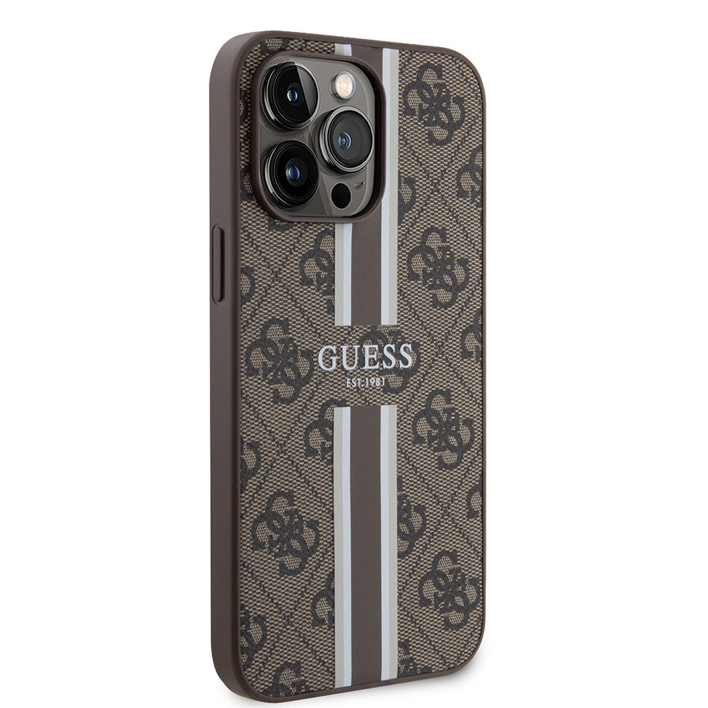 Apple iPhone 14 Pro Max Kılıf Guess Orjinal Lisanslı Magsafe Şarj Özellikli 4G Şerit Tasarımlı Printed Kapak Pembe