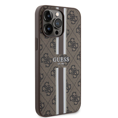 Apple iPhone 14 Pro Max Kılıf Guess Orjinal Lisanslı Magsafe Şarj Özellikli 4G Şerit Tasarımlı Printed Kapak Kahverengi