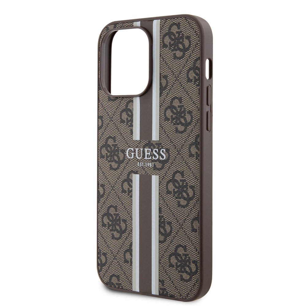 Apple iPhone 14 Pro Max Kılıf Guess Orjinal Lisanslı Magsafe Şarj Özellikli 4G Şerit Tasarımlı Printed Kapak Kahverengi