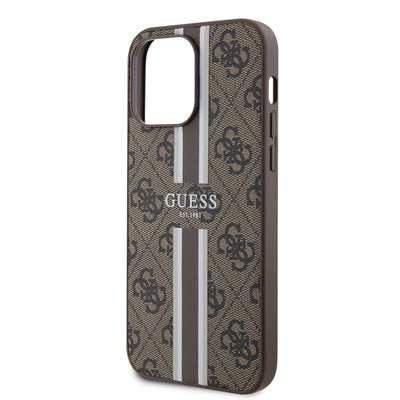 Apple iPhone 14 Pro Max Kılıf Guess Orjinal Lisanslı Magsafe Şarj Özellikli 4G Şerit Tasarımlı Printed Kapak Kahverengi