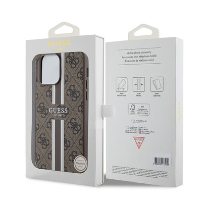 Apple iPhone 14 Pro Max Kılıf Guess Orjinal Lisanslı Magsafe Şarj Özellikli 4G Şerit Tasarımlı Printed Kapak Kahverengi