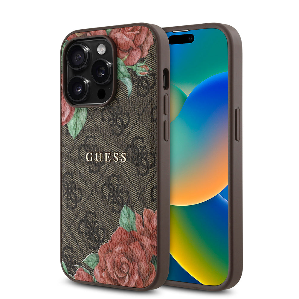 Apple iPhone 14 Pro Max Kılıf Guess Orjinal Lisanslı Magsafe Şarj Özellikli Gül Baskılı 4G Desenli Yazı Logolu Kapak Siyah