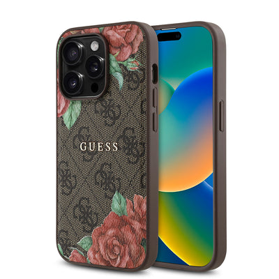 Apple iPhone 14 Pro Max Kılıf Guess Orjinal Lisanslı Magsafe Şarj Özellikli Gül Baskılı 4G Desenli Yazı Logolu Kapak Siyah