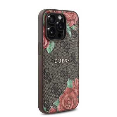 Apple iPhone 14 Pro Max Kılıf Guess Orjinal Lisanslı Magsafe Şarj Özellikli Gül Baskılı 4G Desenli Yazı Logolu Kapak Siyah