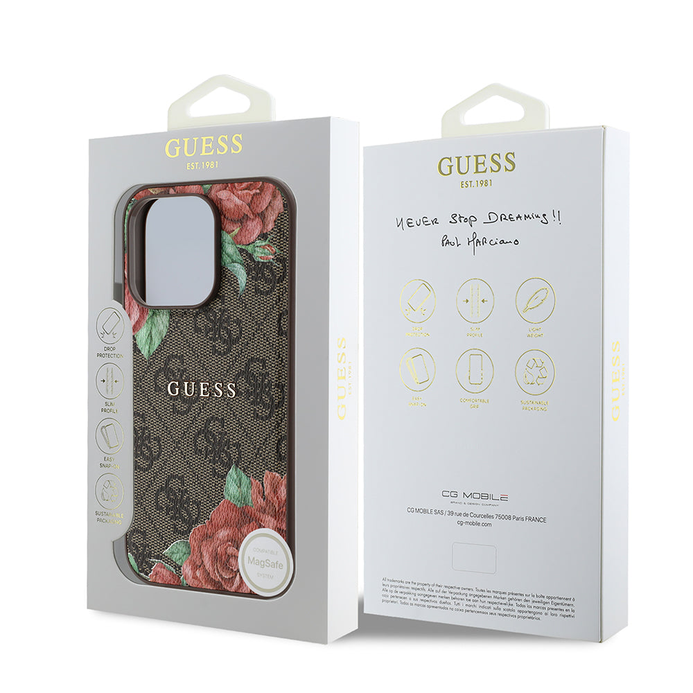iPhone 14 Pro Max Kılıf Guess Orjinal Lisanslı M-safe Şarj Özellikli Gül Baskılı 4G Desenli Yazı Logolu Kılıf
