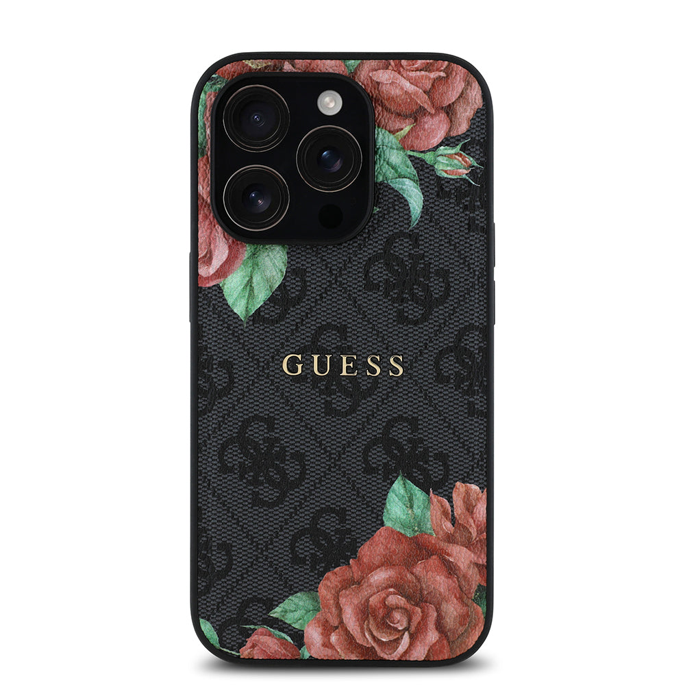 Apple iPhone 14 Pro Max Kılıf Guess Orjinal Lisanslı Magsafe Şarj Özellikli Gül Baskılı 4G Desenli Yazı Logolu Kapak Siyah