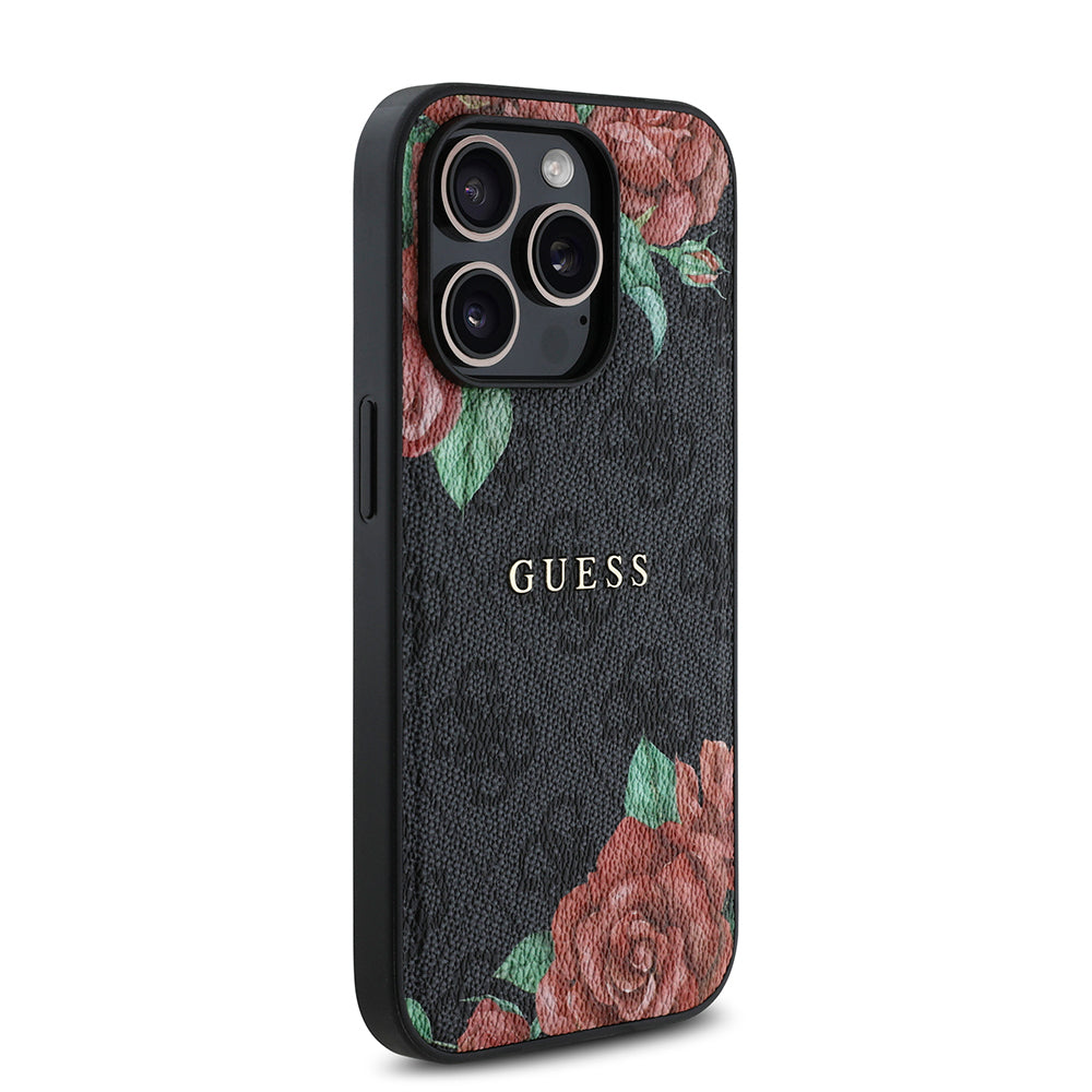 Apple iPhone 14 Pro Max Kılıf Guess Orjinal Lisanslı Magsafe Şarj Özellikli Gül Baskılı 4G Desenli Yazı Logolu Kapak Siyah