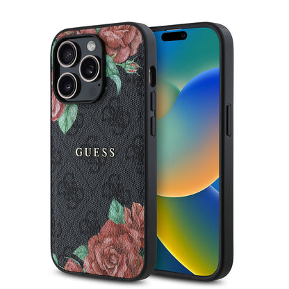 iPhone 14 Pro Max Kılıf Guess Orjinal Lisanslı M-safe Şarj Özellikli Gül Baskılı 4G Desenli Yazı Logolu Kılıf
