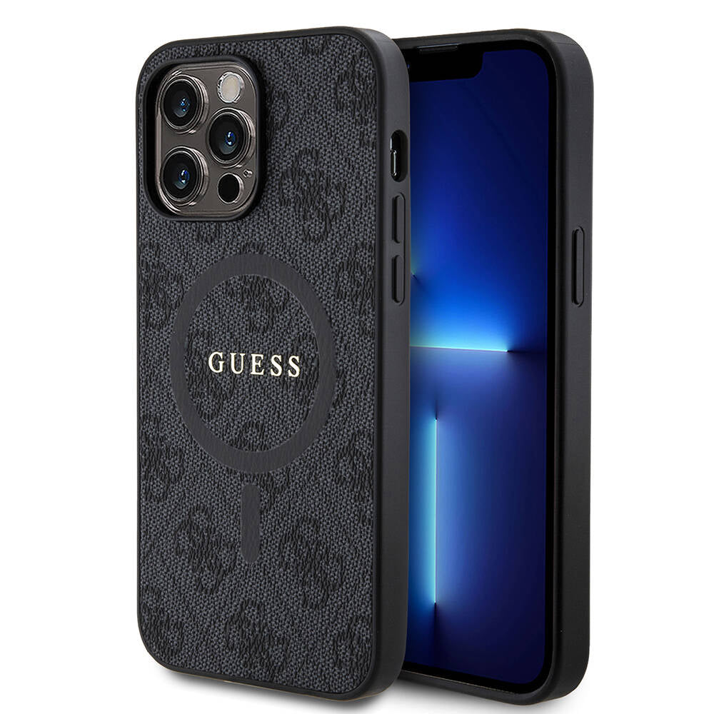 Apple iPhone 14 Pro Max Kılıf Guess Orjinal Lisanslı Magsafe Şarj Özellikli PU Halkalı 4G Desenli Yazı Logolu Kapak Kahverengi