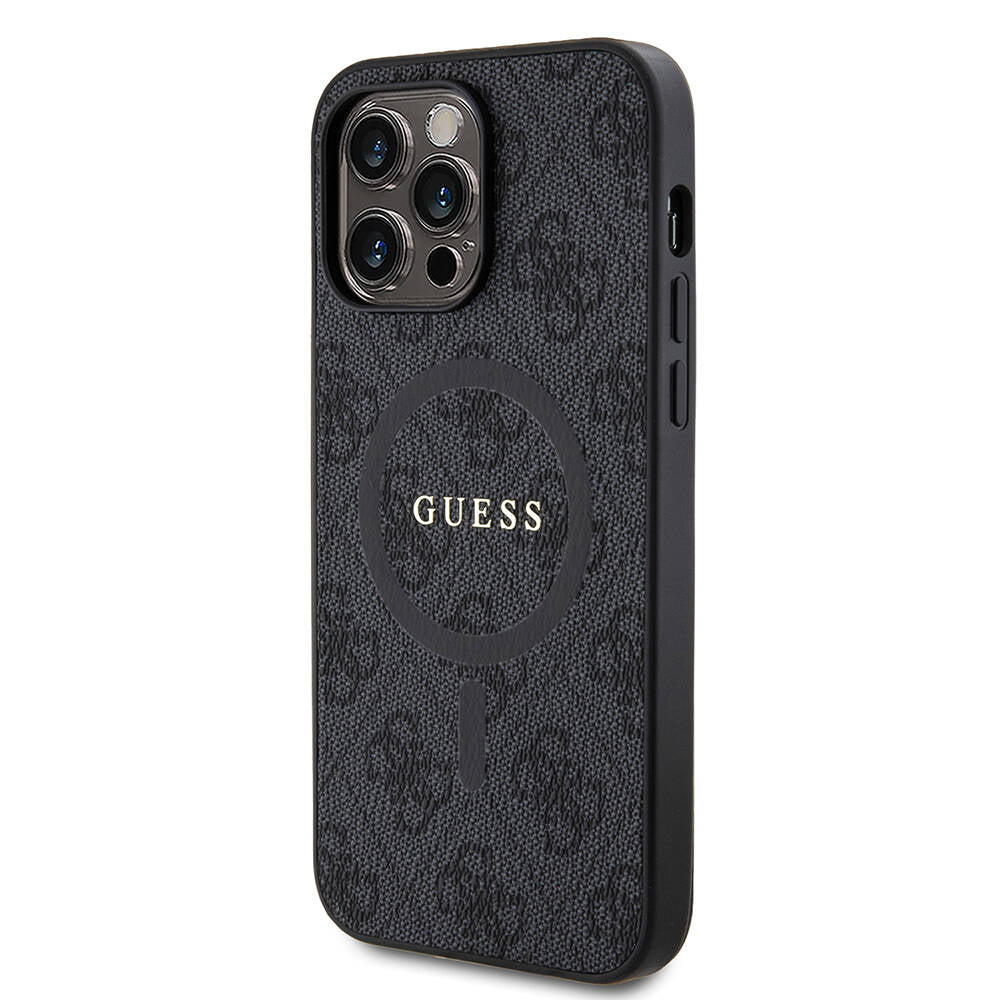 Apple iPhone 14 Pro Max Kılıf Guess Orjinal Lisanslı Magsafe Şarj Özellikli PU Halkalı 4G Desenli Yazı Logolu Kapak Pembe