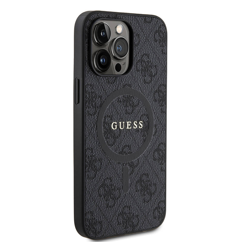 Apple iPhone 14 Pro Max Kılıf Guess Orjinal Lisanslı Magsafe Şarj Özellikli PU Halkalı 4G Desenli Yazı Logolu Kapak Kahverengi