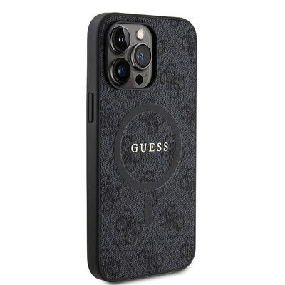 Apple iPhone 14 Pro Max Kılıf Guess Orjinal Lisanslı Magsafe Şarj Özellikli PU Halkalı 4G Desenli Yazı Logolu Kapak Kahverengi