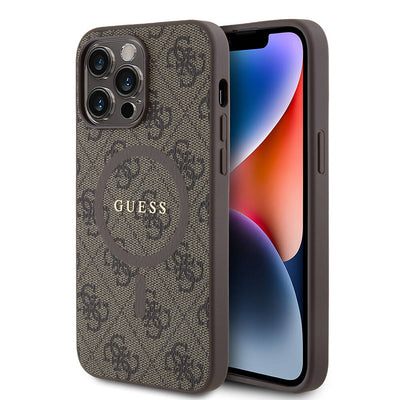 Apple iPhone 14 Pro Max Kılıf Guess Orjinal Lisanslı Magsafe Şarj Özellikli PU Halkalı 4G Desenli Yazı Logolu Kapak Kahverengi