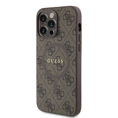 Apple iPhone 14 Pro Max Kılıf Guess Orjinal Lisanslı Magsafe Şarj Özellikli PU Halkalı 4G Desenli Yazı Logolu Kapak Kahverengi