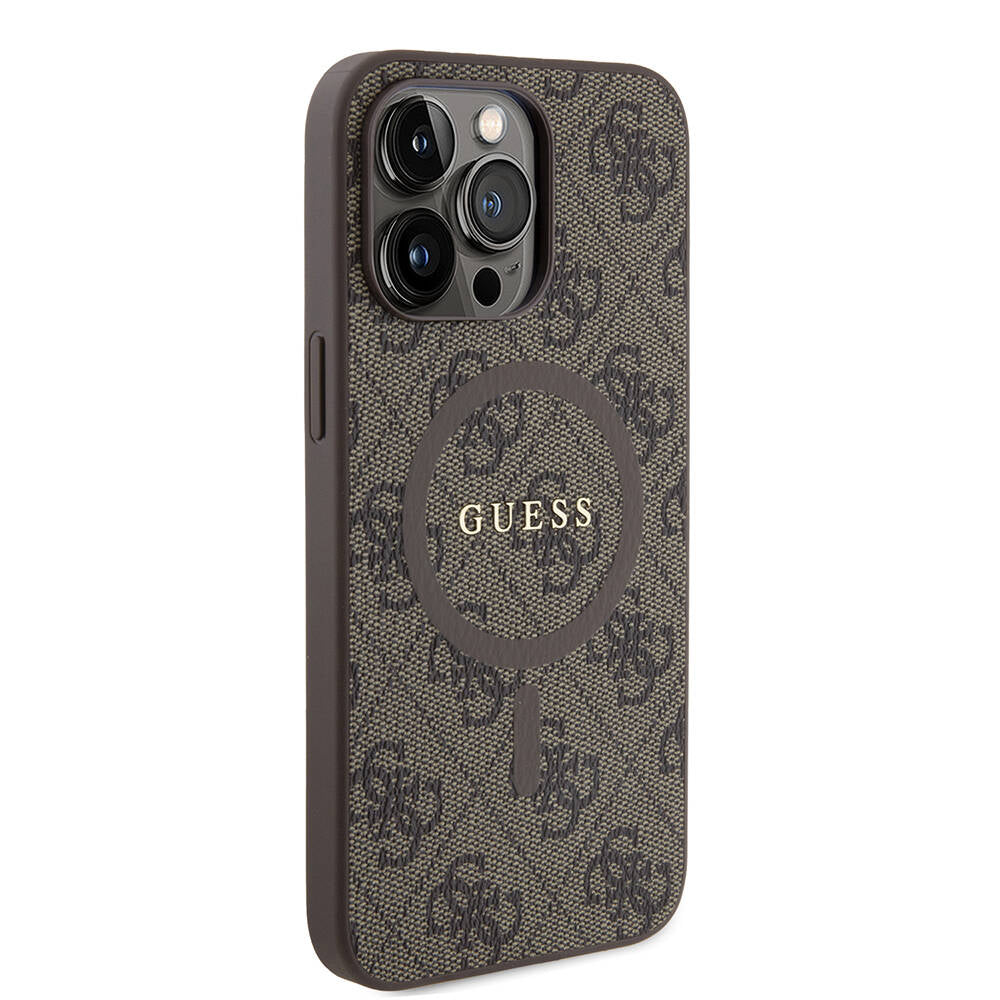 Apple iPhone 14 Pro Max Kılıf Guess Orjinal Lisanslı Magsafe Şarj Özellikli PU Halkalı 4G Desenli Yazı Logolu Kapak Pembe
