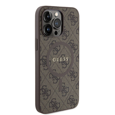 Apple iPhone 14 Pro Max Kılıf Guess Orjinal Lisanslı Magsafe Şarj Özellikli PU Halkalı 4G Desenli Yazı Logolu Kapak Pembe