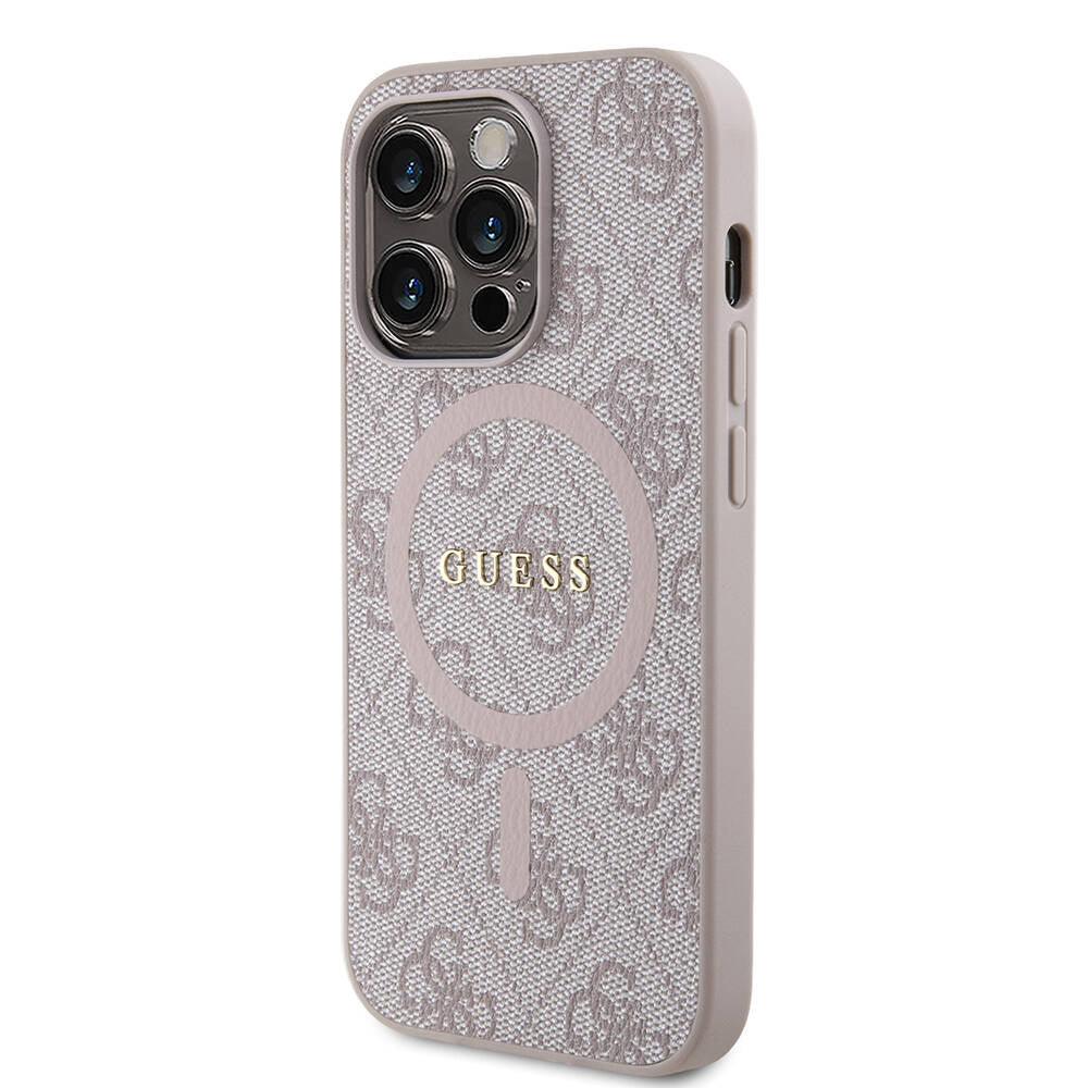 Apple iPhone 14 Pro Max Kılıf Guess Orjinal Lisanslı Magsafe Şarj Özellikli PU Halkalı 4G Desenli Yazı Logolu Kapak Kahverengi
