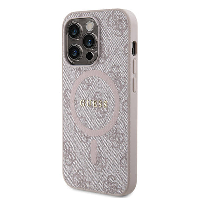 Apple iPhone 14 Pro Max Kılıf Guess Orjinal Lisanslı Magsafe Şarj Özellikli PU Halkalı 4G Desenli Yazı Logolu Kapak Pembe