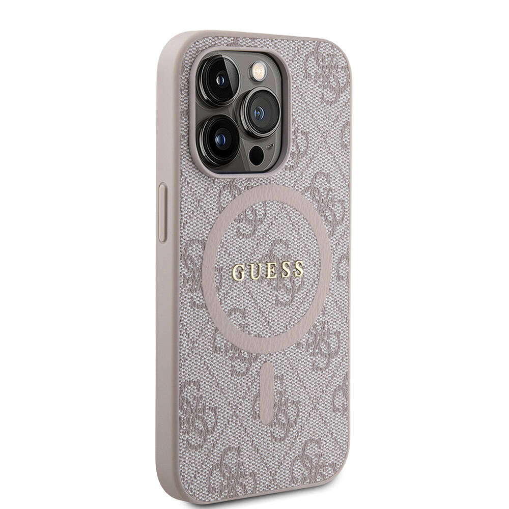 Apple iPhone 14 Pro Max Kılıf Guess Orjinal Lisanslı Magsafe Şarj Özellikli PU Halkalı 4G Desenli Yazı Logolu Kapak Pembe