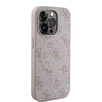 Apple iPhone 14 Pro Max Kılıf Guess Orjinal Lisanslı Magsafe Şarj Özellikli PU Halkalı 4G Desenli Yazı Logolu Kapak Pembe