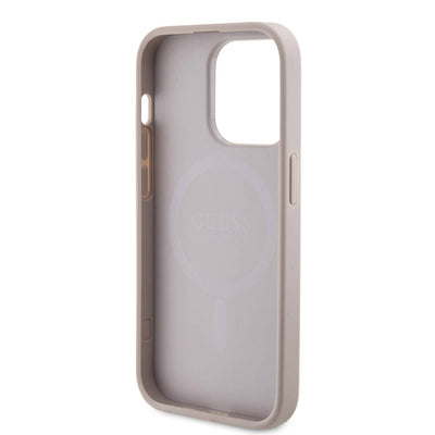 Apple iPhone 14 Pro Max Kılıf Guess Orjinal Lisanslı Magsafe Şarj Özellikli PU Halkalı 4G Desenli Yazı Logolu Kapak Kahverengi