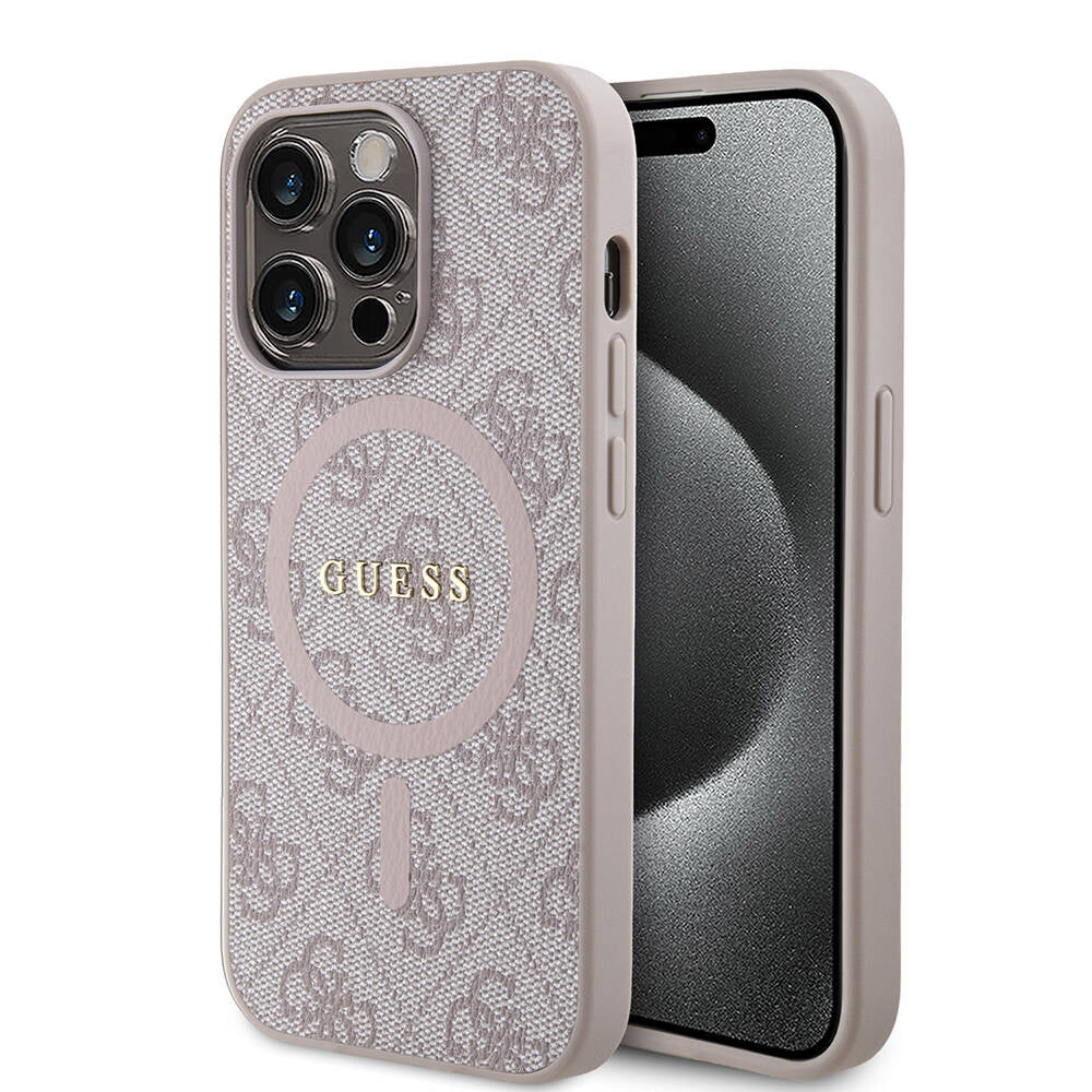 Apple iPhone 14 Pro Max Kılıf Guess Orjinal Lisanslı Magsafe Şarj Özellikli PU Halkalı 4G Desenli Yazı Logolu Kapak Pembe
