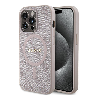 Apple iPhone 14 Pro Max Kılıf Guess Orjinal Lisanslı Magsafe Şarj Özellikli PU Halkalı 4G Desenli Yazı Logolu Kapak Pembe