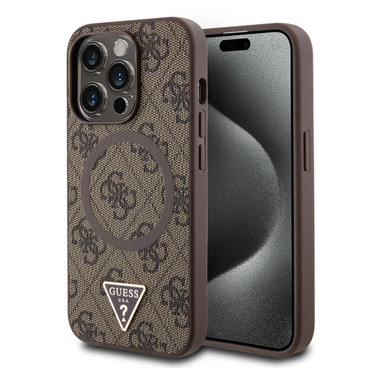 iPhone 14 Pro Max Kılıf Guess Orjinal Lisanslı M-safe Şarj Özellikli PU Üçgen Logo 4G Desenli Kılıf