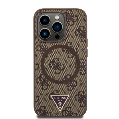 iPhone 14 Pro Max Kılıf Guess Orjinal Lisanslı M-safe Şarj Özellikli PU Üçgen Logo 4G Desenli Kılıf