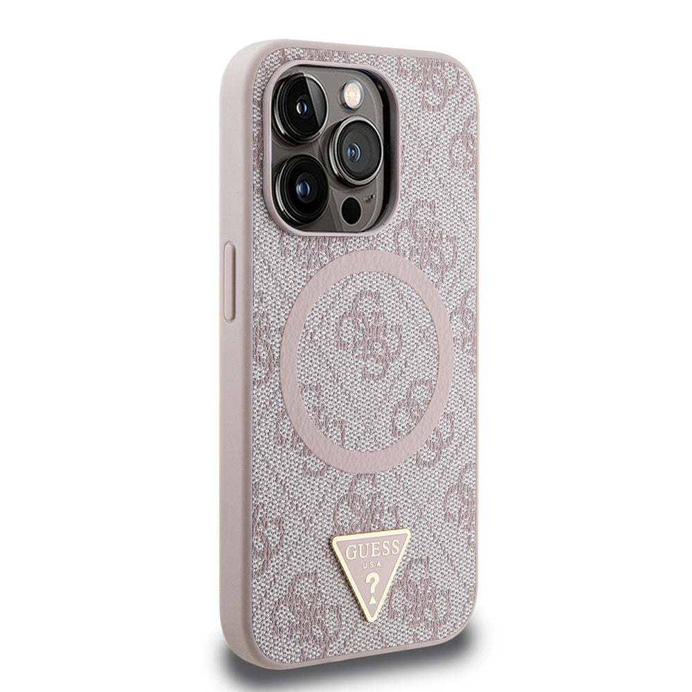 Apple iPhone 14 Pro Max Kılıf Guess Orjinal Lisanslı Magsafe Şarj Özellikli PU Üçgen Logo 4G Desenli Kapak Pembe