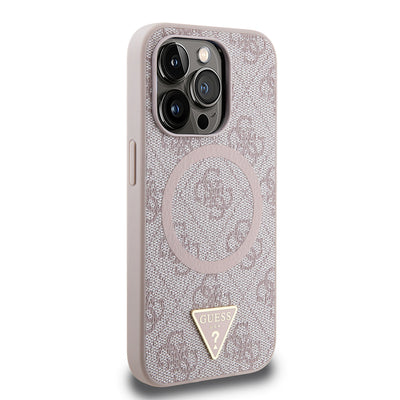 Apple iPhone 14 Pro Max Kılıf Guess Orjinal Lisanslı Magsafe Şarj Özellikli PU Üçgen Logo 4G Desenli Kapak Pembe
