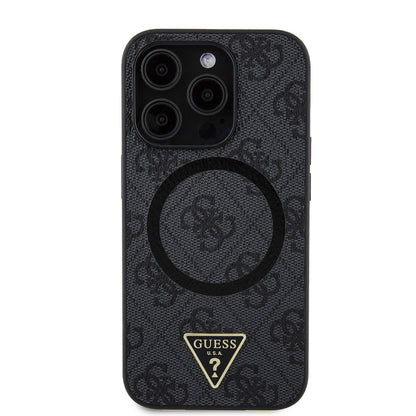 iPhone 14 Pro Max Kılıf Guess Orjinal Lisanslı M-safe Şarj Özellikli PU Üçgen Logo 4G Desenli Kılıf