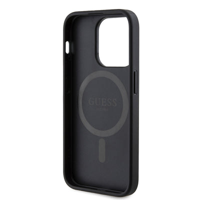 Apple iPhone 14 Pro Max Kılıf Guess Orjinal Lisanslı Magsafe Şarj Özellikli PU Üçgen Logo 4G Desenli Kapak Siyah