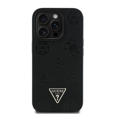 Apple iPhone 14 Pro Max Kılıf Guess Orjinal Lisanslı M-safe Şarj Özellikli Sıcak Baskılı Üçgen Logolu PU Deri Peony Kapak Siyah