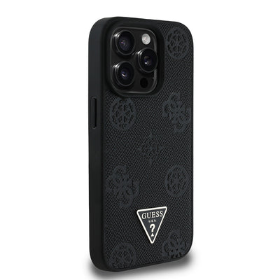 Apple iPhone 14 Pro Max Kılıf Guess Orjinal Lisanslı M-safe Şarj Özellikli Sıcak Baskılı Üçgen Logolu PU Deri Peony Kapak Siyah