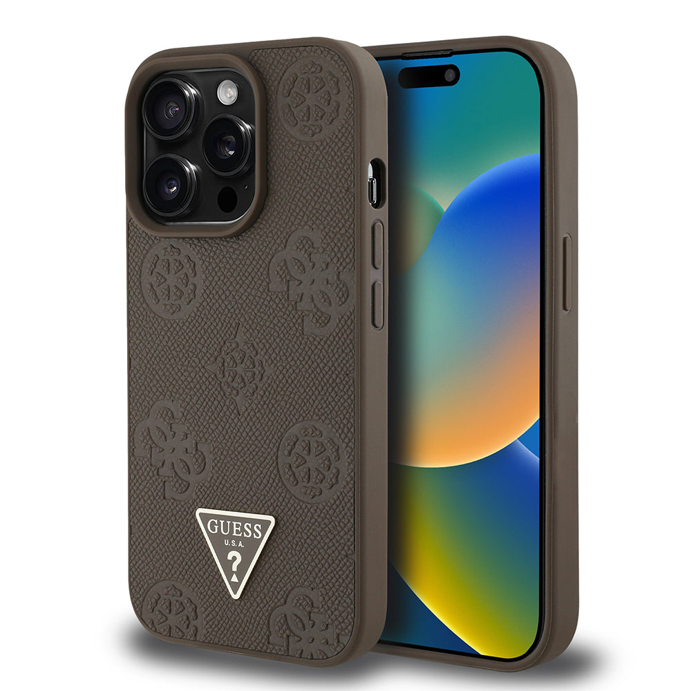 iPhone 14 Pro Max Kılıf Guess Orjinal Lisanslı M-safe Şarj Özellikli Sıcak Baskılı Üçgen Logolu PU Deri Peony Kılıf