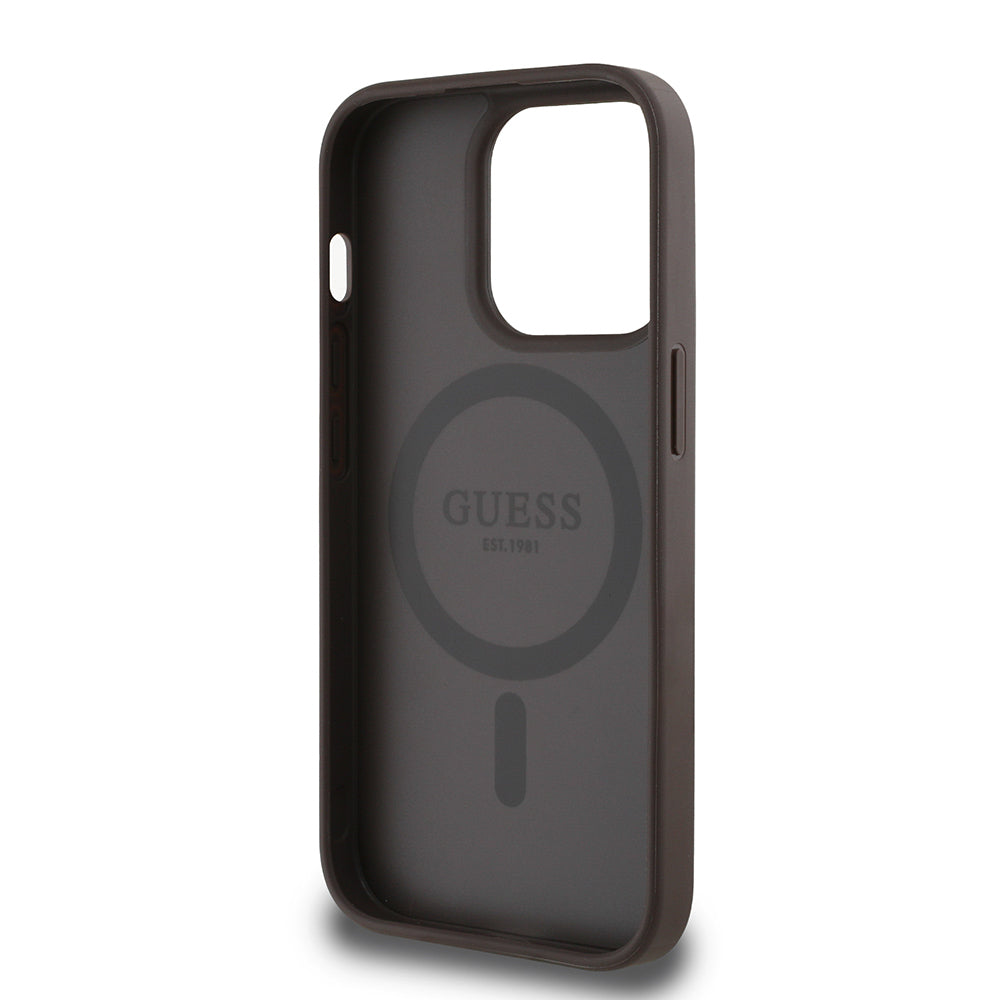 iPhone 14 Pro Max Kılıf Guess Orjinal Lisanslı M-safe Şarj Özellikli Sıcak Baskılı Üçgen Logolu PU Deri Peony Kılıf