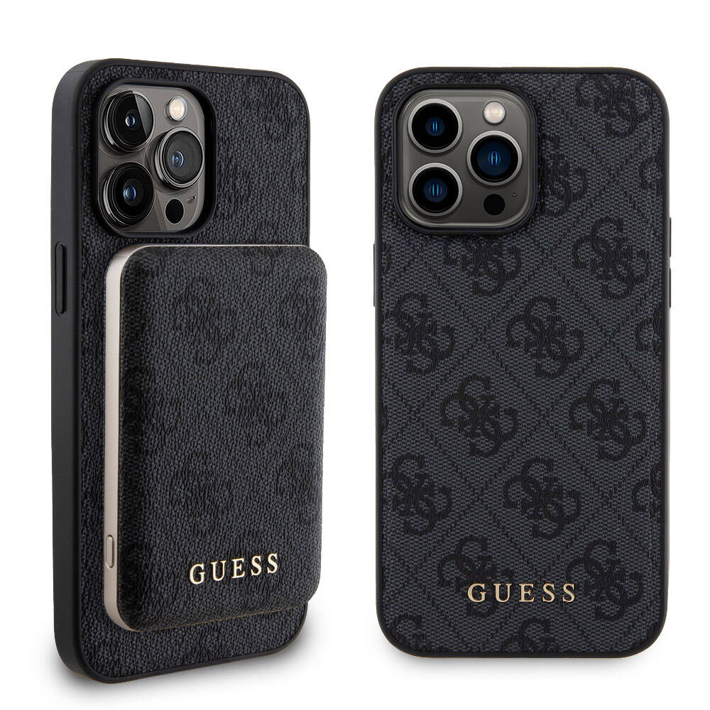 iPhone 14 Pro Max Kılıf Guess Orjinal Lisanslı M-safe Şarj Özellikli Yazı Logolu 4G Desenli Kılıf + Powerbank 5000mAh 2in1 Set