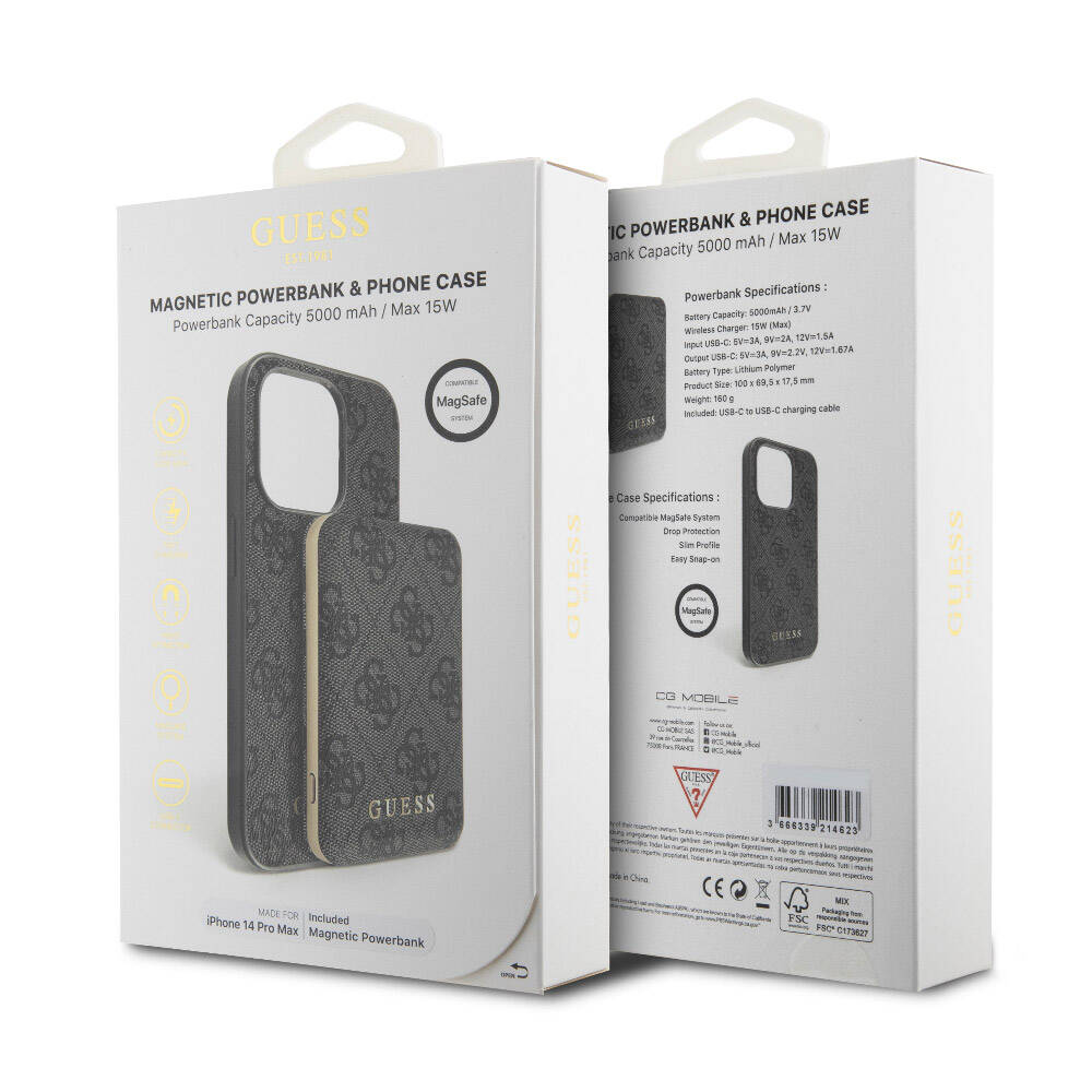 iPhone 14 Pro Max Kılıf Guess Orjinal Lisanslı M-safe Şarj Özellikli Yazı Logolu 4G Desenli Kılıf + Powerbank 5000mAh 2in1 Set