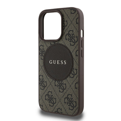 Apple iPhone 14 Pro Max Kılıf Guess Orjinal Lisanslı M-safe Şarj Özellikli Yazı Logolu Circle Classic Kapak Kahverengi