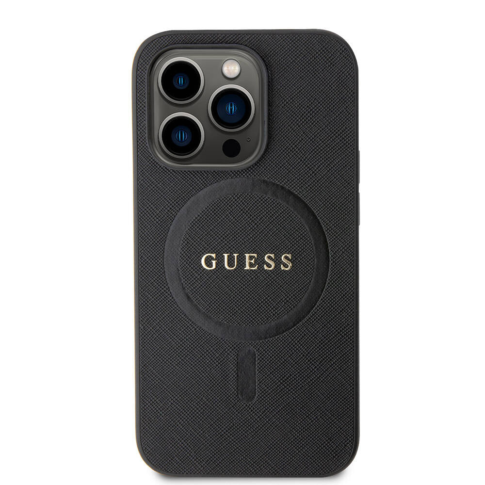 Apple iPhone 14 Pro Max Kılıf Guess Orjinal Lisanslı Magsafe Şarj Özellikli Yazı Logolu Saffiano Kapak Siyah
