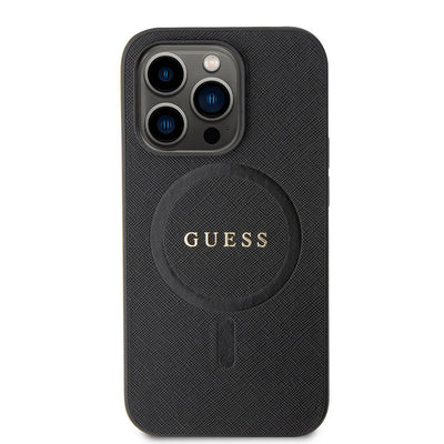 Apple iPhone 14 Pro Max Kılıf Guess Orjinal Lisanslı Magsafe Şarj Özellikli Yazı Logolu Saffiano Kapak Siyah