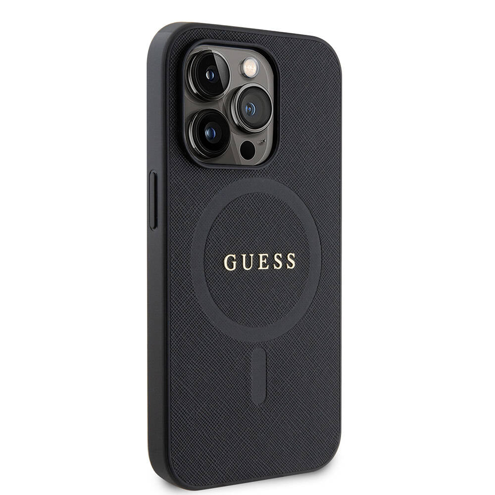 Apple iPhone 14 Pro Max Kılıf Guess Orjinal Lisanslı Magsafe Şarj Özellikli Yazı Logolu Saffiano Kapak Siyah